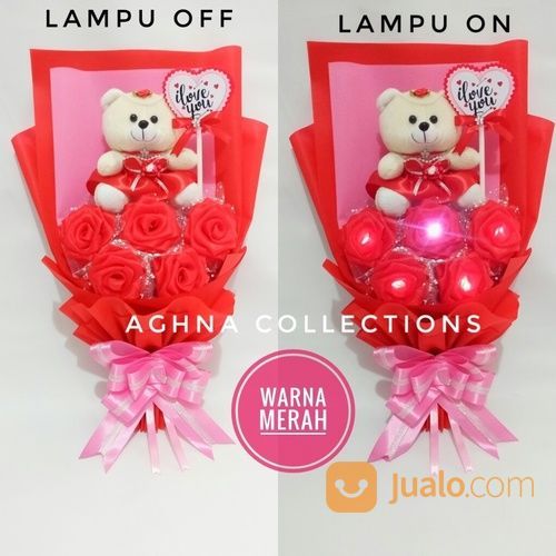 Buket Bunga Mawar Menyala Boneka Teddy Bear Kado Hadiah Souvenir Ultah Wisuda Anniversary Valentine